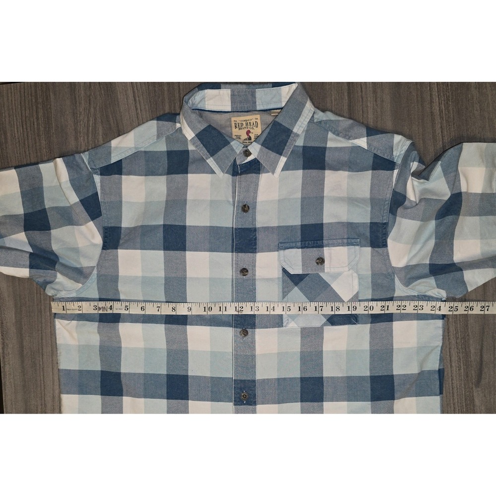 Red Head Blue Plaid Button Up Short Sleeve Shirt Outdoor Casual Spring Mens Sz L - Picture 9 of 10